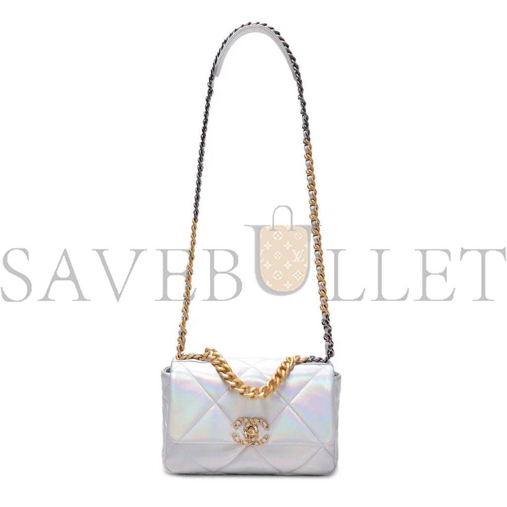 Ch*el iridescent calfskin quilted medium Ch*el 19 flap light gold purple blue as1160 (26*17*8cm)